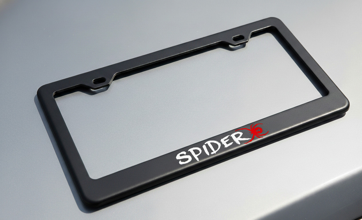 Spider Logo License Plate Frame Holder Premium Black Metal Racing Style
