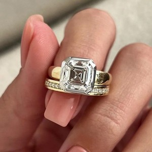 Authentic 2.30CTW Asscher Cut VVS Moissanite Matching Band Ring 14k Multi-Tone Gold Plated