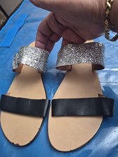 Made In Italy Women's Slip On Sandals Silver Black Leather Size 41 US 11