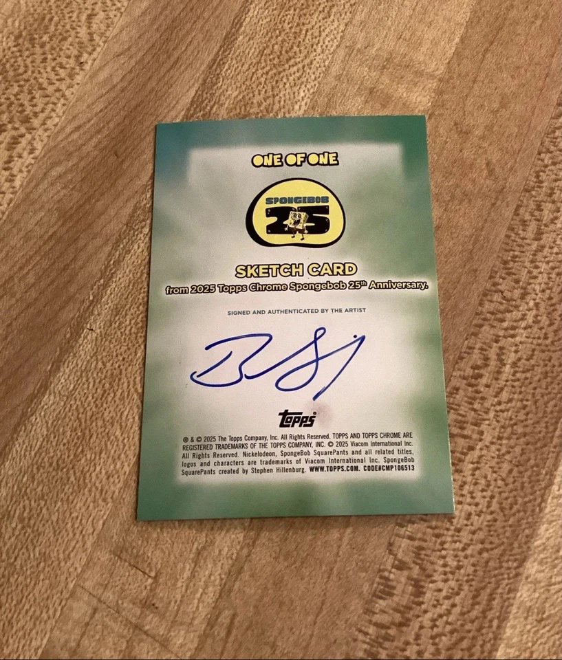 Эскизная карточка 2025 Topps Chrome SpongeBob SquarePants нарисованная вручную 1/1 - Изображение 2 из 2