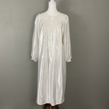 Cachet Sears Vintage Nightgown Size M White Satin 80s 90s Puff Sleeve Lace