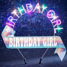 Light Up Birthday Girl Crown and Sash LED Rhinestones Headbands Glitter Birth...