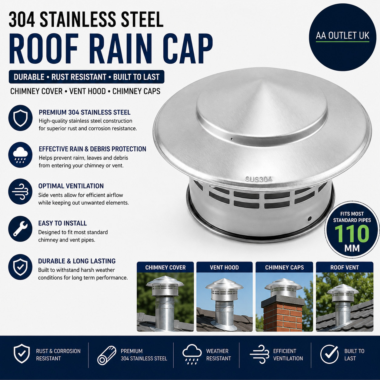 Qwork 110mm Roof Rain Cap 304 Stainless Steel Chimney Cover Vent Hood Silver