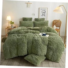 Luxury Fluffy Plush Shaggy Faux Fur Duvet Cover Set 8 Queen Sage Green
