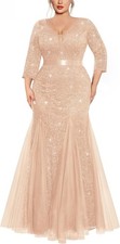 Women's Plus Size Double V-Neck Sequin Lace Tulle Mermaid Evening Dress
