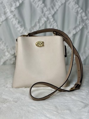Coach Willow Bucket Bag Chalk Taupe Pebbled Leather Crossbody Purse Gold Accents