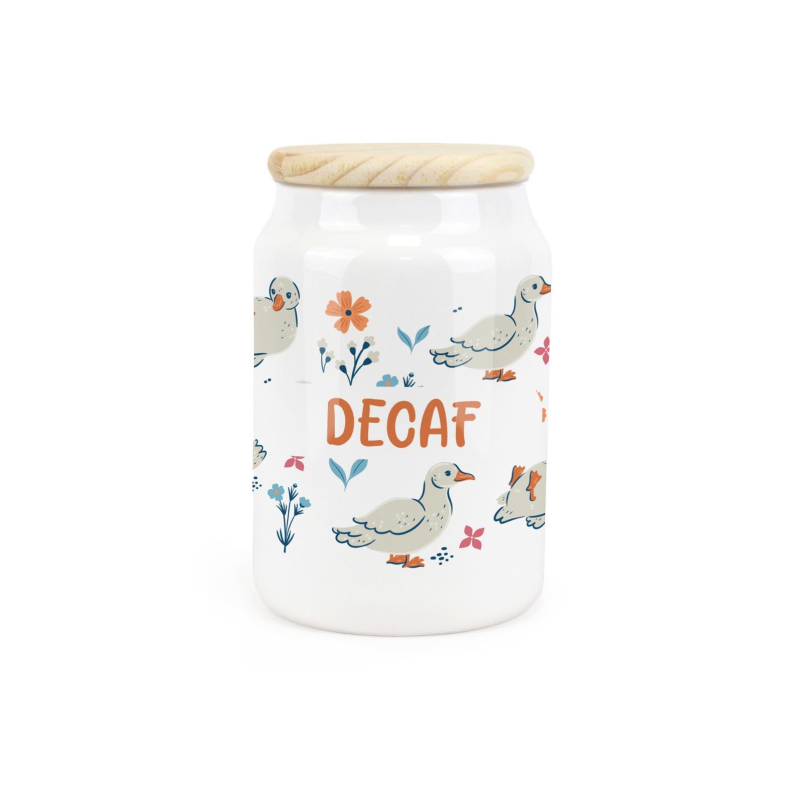 Ceramic Tapered Ducks & Flowers Canister - Decaf Storage Container