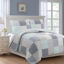 Subtle Blue Checker Cottage Floral Stripe Cotton Patchwork Quilt Bedding Set