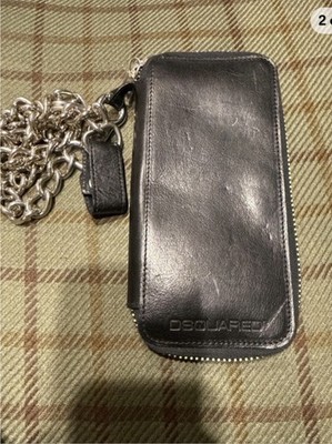 Dsquared Black Leather Wallet With Silver Metal Chain 