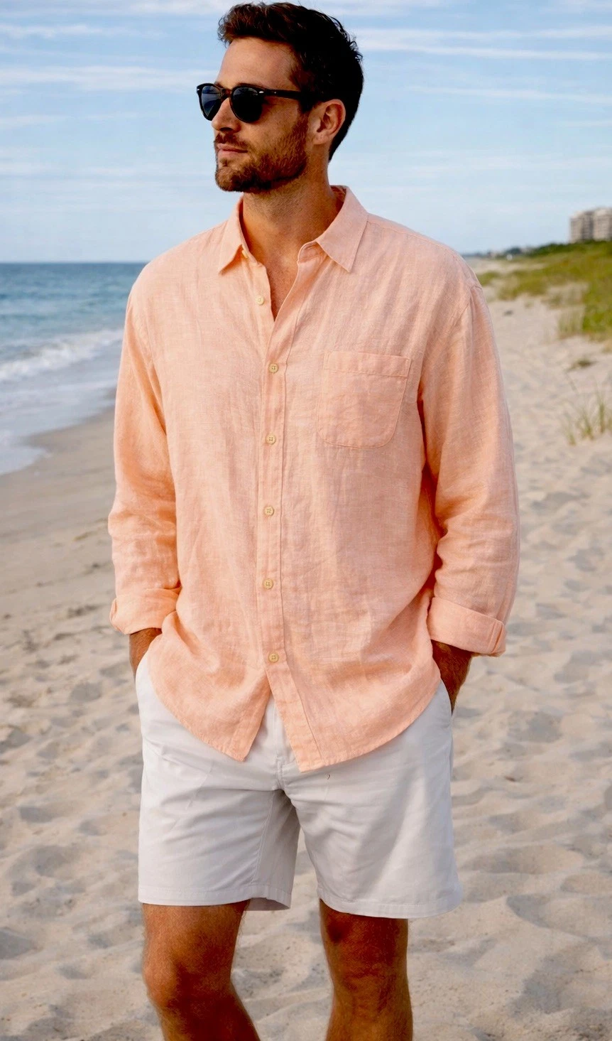 Tommy Bahama Linen Shirt Men's XXL Peach Long Sleeve Button Down Relax Fit 2XL