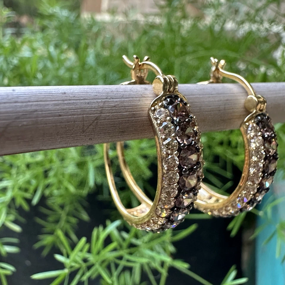 Hoop Earrings 1" Brown Clear Gems Sparkle Yellow Gold Plated 925 Sterling 8.2g - Image 2 of 4