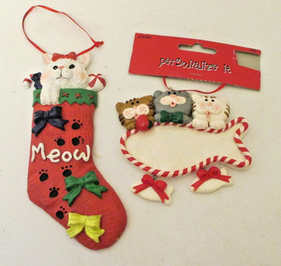 2 Cat Kitten Clay Christmas Ornament Stocking And Fish   5 ''