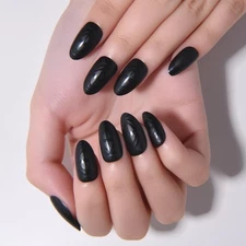 Black Matte Halloween Press on French Nails Short Almond with Design, Matte B...
