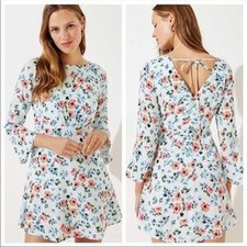 LOFT White Floral Print Mini Dress Long Bell Sleeve Career Casual Pockets Size 0