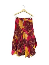 Vintage 90s Boho Red Yellow Patchwork Rayon Midi Maxi Skirt Hippie Festival