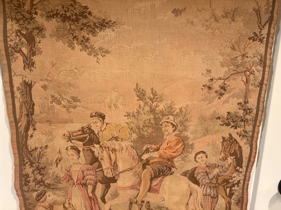 VTG Aubusson Style French France Woven Hunting Tapestry Horses Dog Falcon - Image 4 of 4