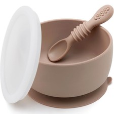 SAMiGO Silicone Suction Baby Bowl and Spoon Set with Lid for Self Feeding