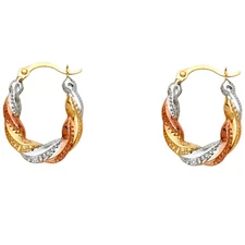 Ioka - 14K Tri Color Gold Fancy Hollow Hoop Hinged Earrings