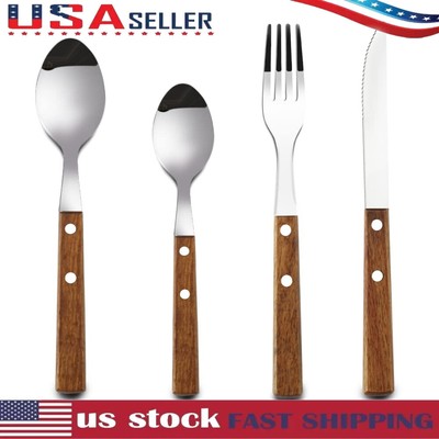 4-Forks and Spoons Silverware Set, Wooden Handle Flatware Set, Stainless Steel