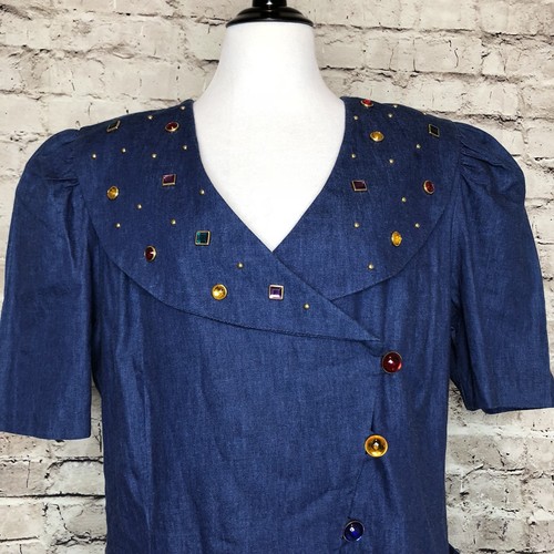 Vintage By Gadd! Blue Denim Asymmetric Jeweled Button Shawl Collar Top Size 16 - Picture 3 of 12
