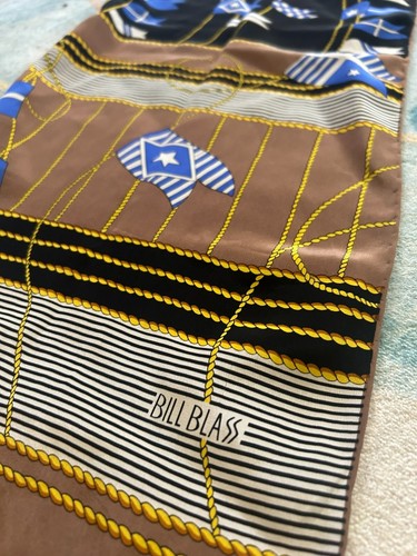 BILL BLASS Brown Black Stripes Blue Signal Flag Silk Scarf | Vintage 70s 58"x11" - Picture 3 of 5