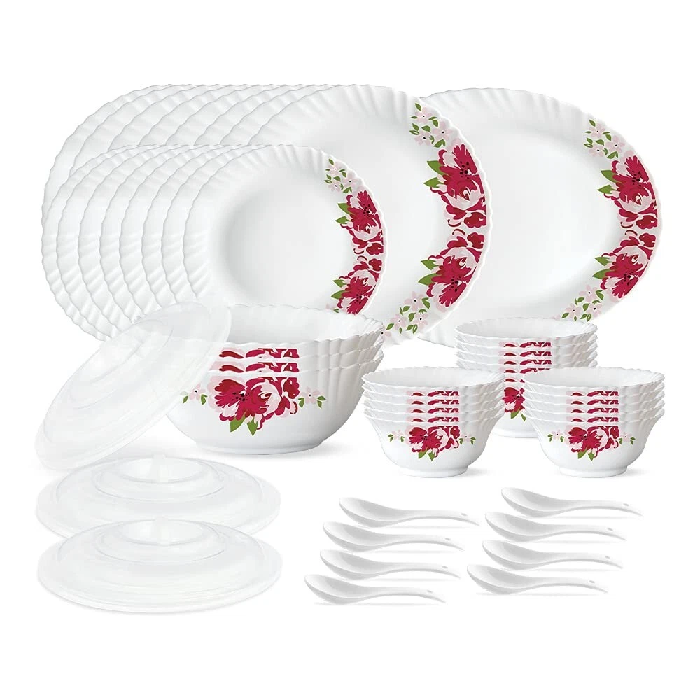 Larah by BOROSIL Rose Red 47 Pcs Opalware Dinner Set White