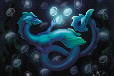 Dark Secrets by Carla Morrow 12x18 inch Sea Blue Dragon with Jellyfish Poster