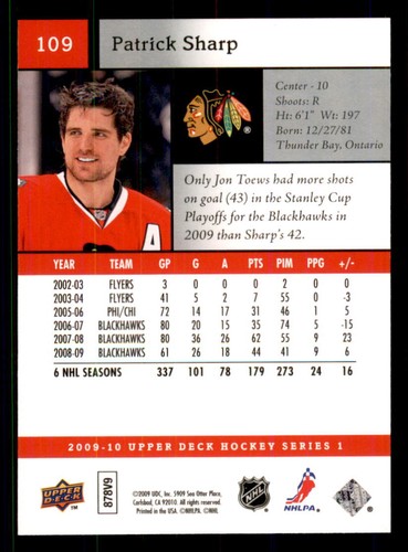 2009-10 Upper Deck #109 Patrick Sharp Chicago Blackhawks - 第 2/2 張圖片
