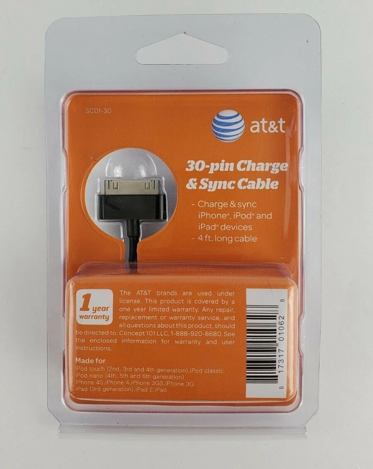 AT&T 30-Pin Charge And Sync Cable For Apple Devices SCO1-30 NEW - Image 2 of 2