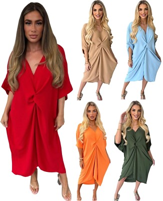 Damen V-Ausschnitt Knoten Twist Front Oversized Damen Longline Sommer Kittel Midikleid