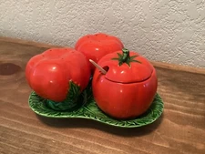 Vintage Maruhon Ware Tomato Condiment Set on Leaf Plate Occupied Japan 1945-1951