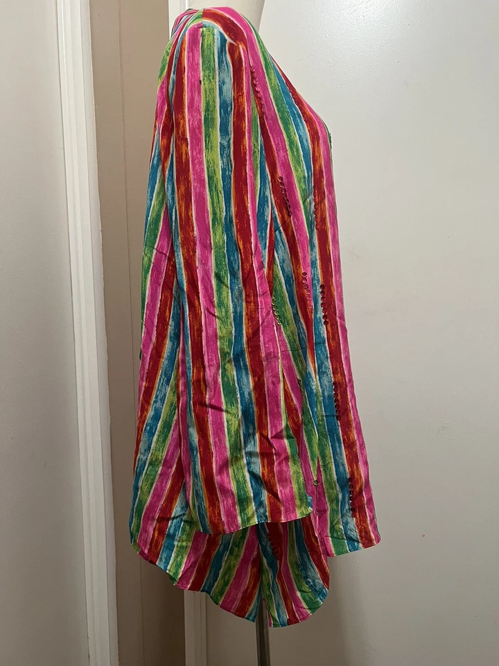 Blusa para mujer Diane Gilman talla grande seda rayas lentejuelas botón manga larga Foto 4 de 4