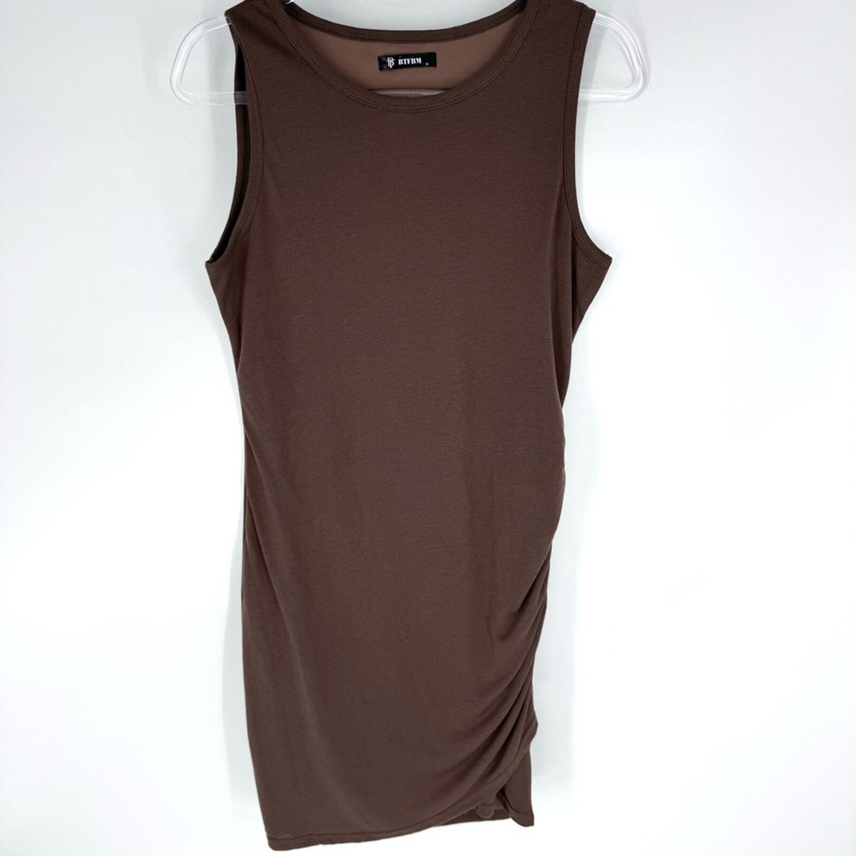 BTFBM Stretch Knit Bodycon Tank Dress with Side Ruching Brown Size Medium