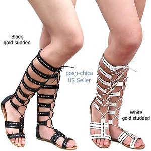 white knee high sandals
