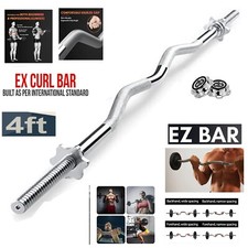 4ft EZ Arm Curl Weight Lifting Bar With Spinlock Collars Home Gym Bicep Triceps