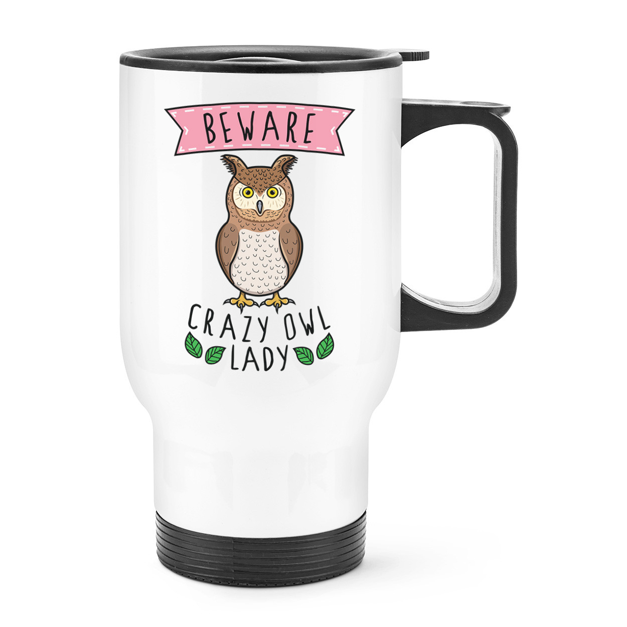 Beware Crazy Owl Lady Travel Mug Cup With Handle - Funny Cute Animal Bird