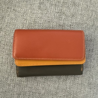 MYWALIT 3-fold Leather Wallet Orange Red Dark Green 