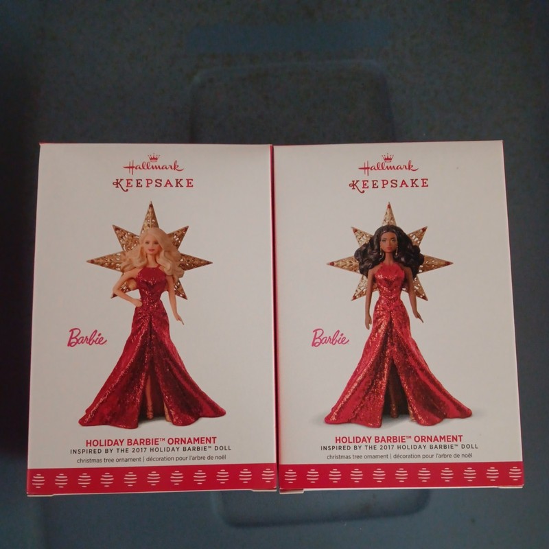 Lot Of 2 Hallmark Keepsake Holiday Barbie Ornament W/ African American 2017