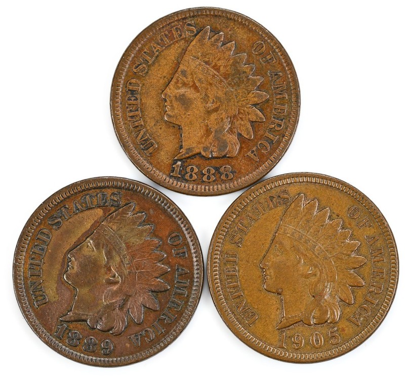 1888 1889 1905 Indian Head Cents IHC 1c Penny Lot of 3 