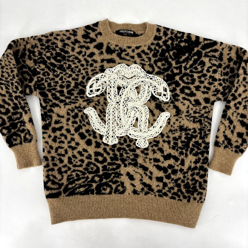 Roberto Cavalli Wool Cashmere Sweater With Monogram Jaguar Skin Print XS - Image 4 of 4