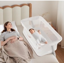 Cooeleele White Convertible Bedside Sleeper, Breathable Mesh, Adjustable Height