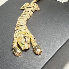 Vtg Articulated Tiger Cat Bracelet Gold Tone Emerald Rhinestone Eyes Statement