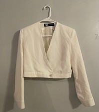 Zara Womens Linen Blend Cropped Single Button Blazer Jacket Small White SP NWT