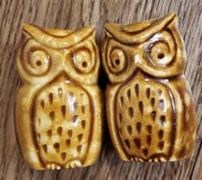 Vintage Ceramic Owl Macrame Bead Lot 2 Brown Yellow Glazed 2.5" X 1.25"