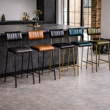 Diner Bar Stool Leather 66cm Counter Height Antique Brass Frame Colour Variation