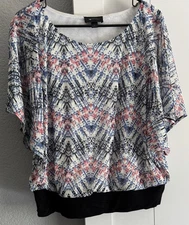 Vntg ABStudio Women's M Blue/Black/Cream Blouse Banded Bottom Flowy Short Sleeve