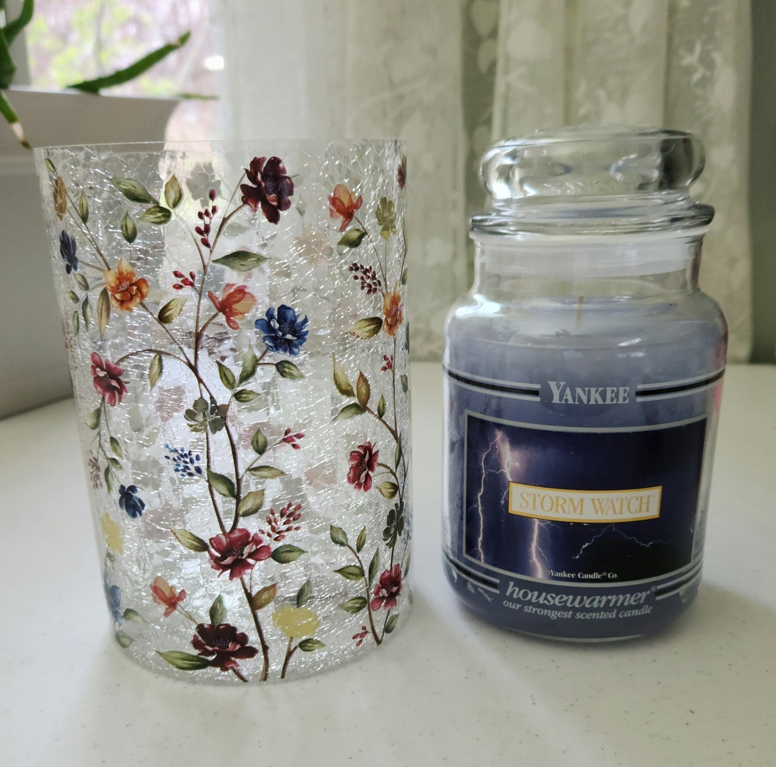 *fits Large Candle* Floral Crackle Glass Candle  Nib