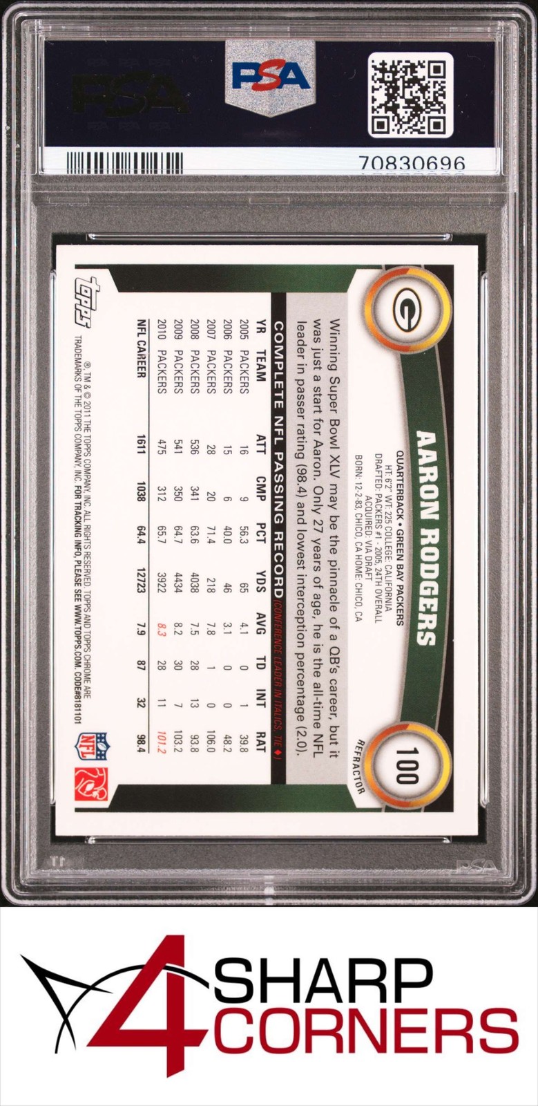 2011 TOPPS CHROME XFRACTOR #100 AARON RODGERS PACKERS PSA 10 view 2