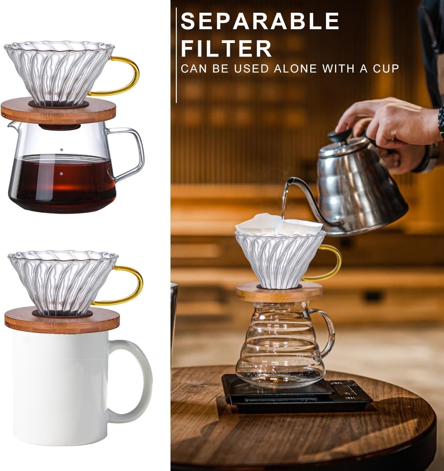Glass Coffee Dripper/Filter - Cone Glass Pour over Coffee Dripper with Bamboo St