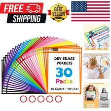 30 Pack Dry Erase Pockets with 5 Rings, 10 Assorted Colors 10x14 Oversized Re...